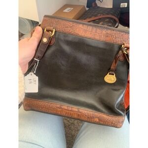 Brahmin Black Leather Brown Croc Trim Shoulder Handbag Purse